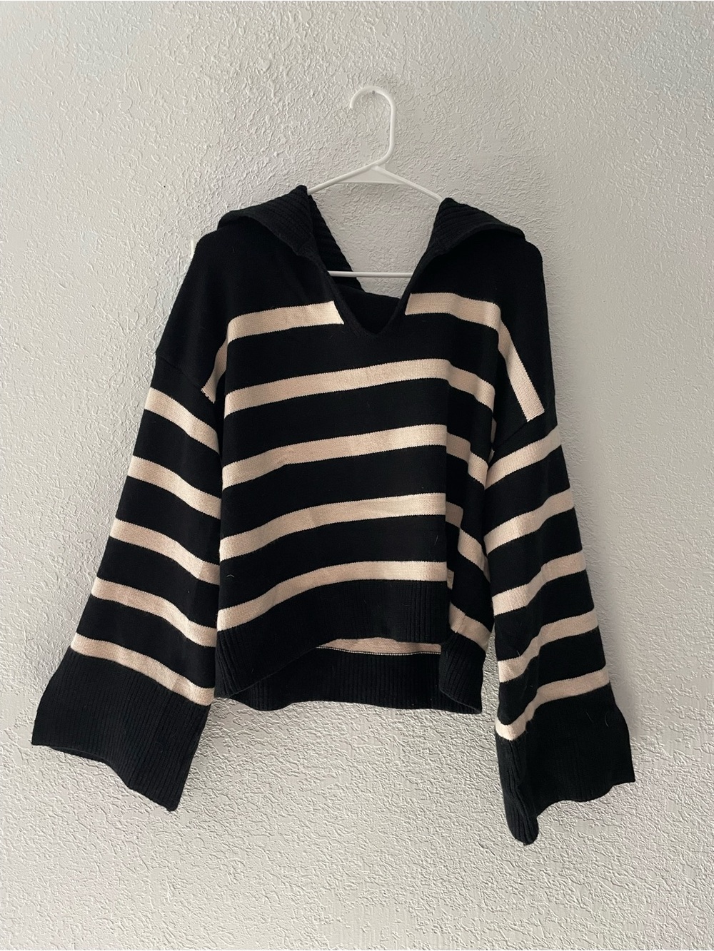 Striped Hooded Knit Top - Black and Cream